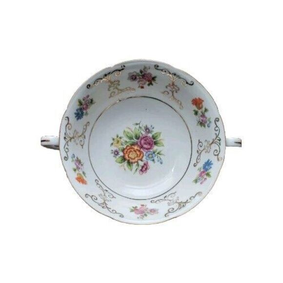 Chikaramachi Japan Hand Painted Floral Cream Handled Soup Bowl Gold Trim 5" - Picture 1 of 7